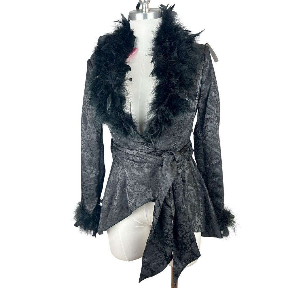 Sugar Thrillz Black Feather Trim Brocade Wrap Jacket Blazer Size S NWT